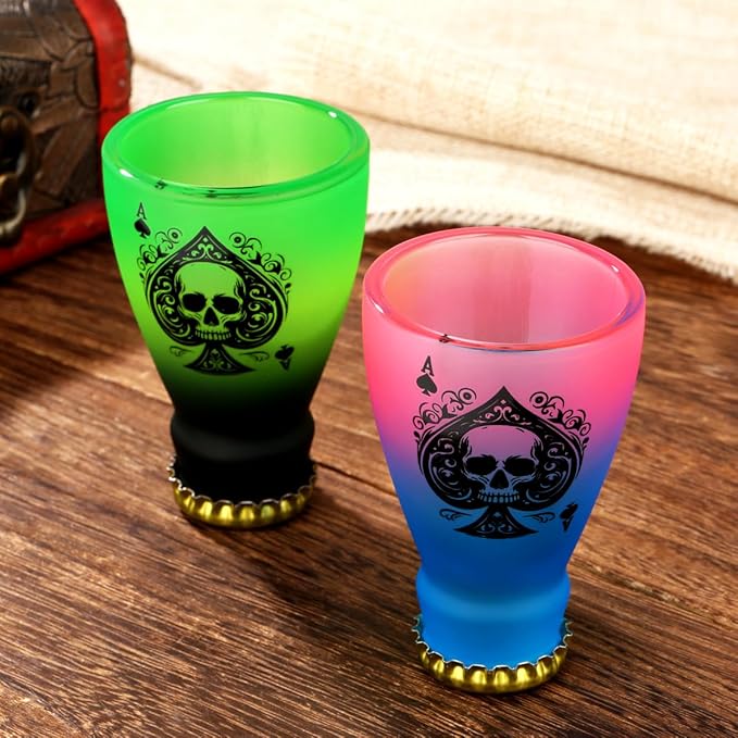 Spades Skull Pattern Glass Shot Glasses, Unique Wine Bottle Shot Glass, 43ml Shot Cups Set of 2 with Gift Box for Alcohol Shots, Vodka, Expresso, Tequila & Dessertsor, Gothic Christmas Gift-Ruum Studio Home