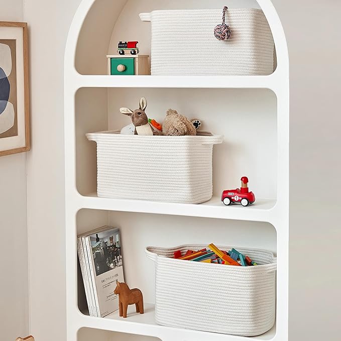 3 Packs Cotton Rope Woven Basket With Handles for Shelves -15"*10.2"*9.1"(White)-Ruum Studio Home