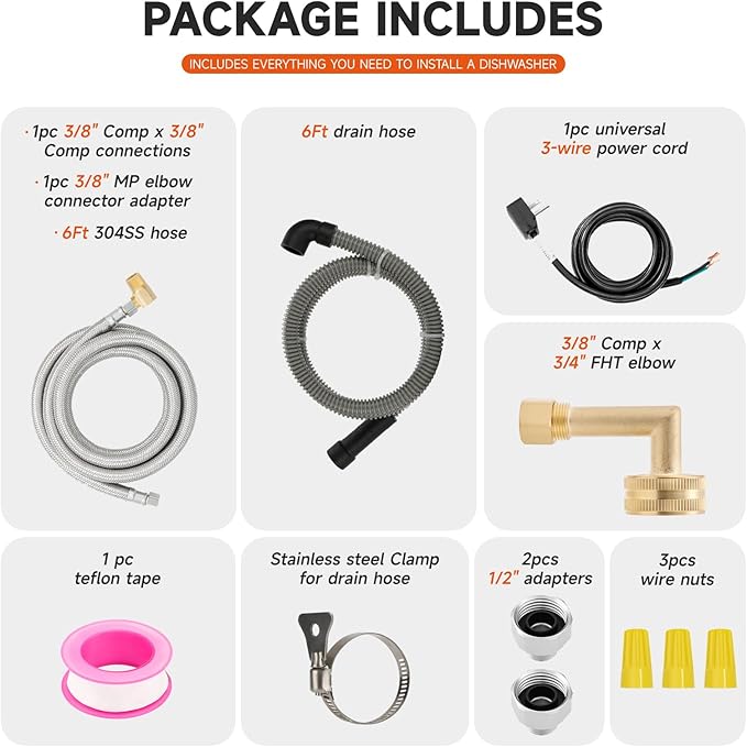 Roastove Universal Dishwasher Installation Kit,6 Ft Stainless Steel Dishwasher Hose,Burst Proof Water Supply Line with 3/8" Compression Connections,With a 6 feet drain hose and a clamp, one set-Ruum Studio Home