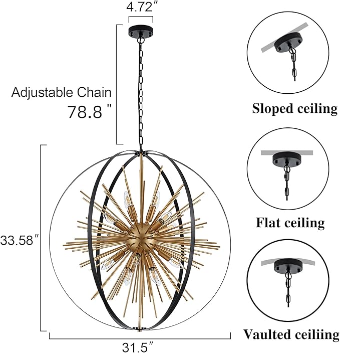 31.5" Black Gold 16-Light Globe Sputnik Chandelier Modern Industrial Adjustable Hanging Ceiling Firework Pendant Light Fixture for Entryway Foyer Stairway Bedroom Dining Living Room Hallway-Ruum Studio Home