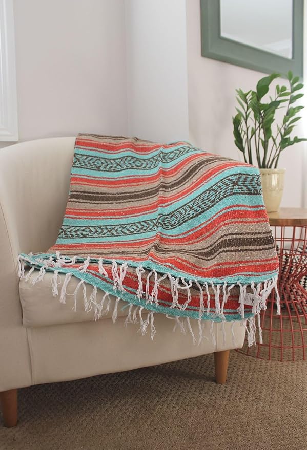 Del Mex Classic Mexican Blanket, Large Authentic Woven Falsa Throw (70"x50"), Artisan Southwest Décor for Beach, Yoga, Outdoors (Mint/Tan/Orange)-Ruum Studio Home