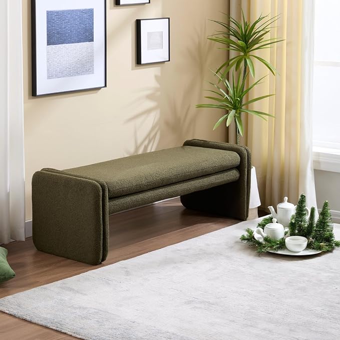 Green Boucle Bench 50" Sherpa End of Bed Bench Modern Upholstered Bench for Bedroom Entryway Living Room Vanity Makeup Room, Teddy Fabric Bench with Seating-Ruum Studio Home
