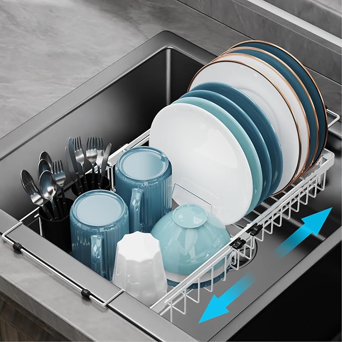 GSlife Expandable in Sink Dish Drying Rack - Stainless Steel Capacity Adjustable Over The Sink Dish Rack (13.4''-20.4''), Dish Drainer for Kitchen Sink Counter with Utensil Holder, Silver-Ruum Studio Home