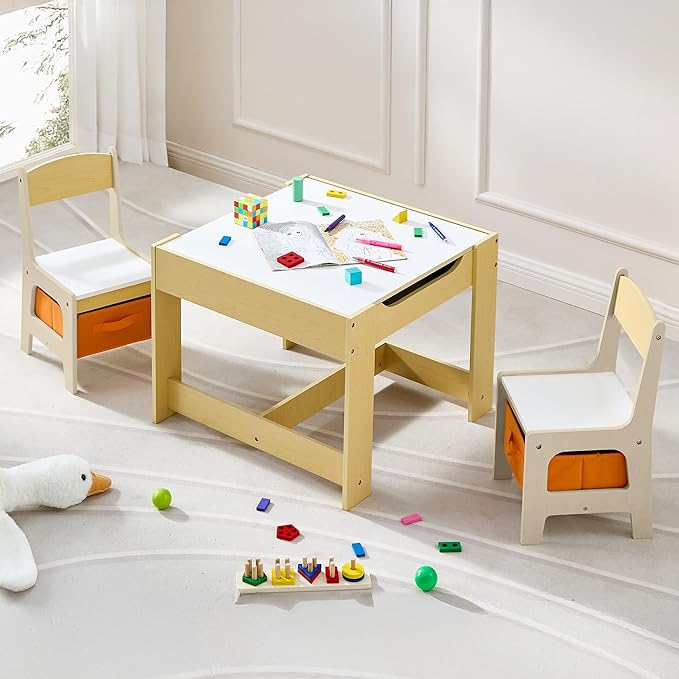 Kids Table and Chair Set, 3 in 1 Wooden Activity Table with Detachable Tabletop, Toddler Table and Chair Set with Storage Drawer, Kids Play Table for Children Art, Craft, Eating, Learning-Ruum Studio Home
