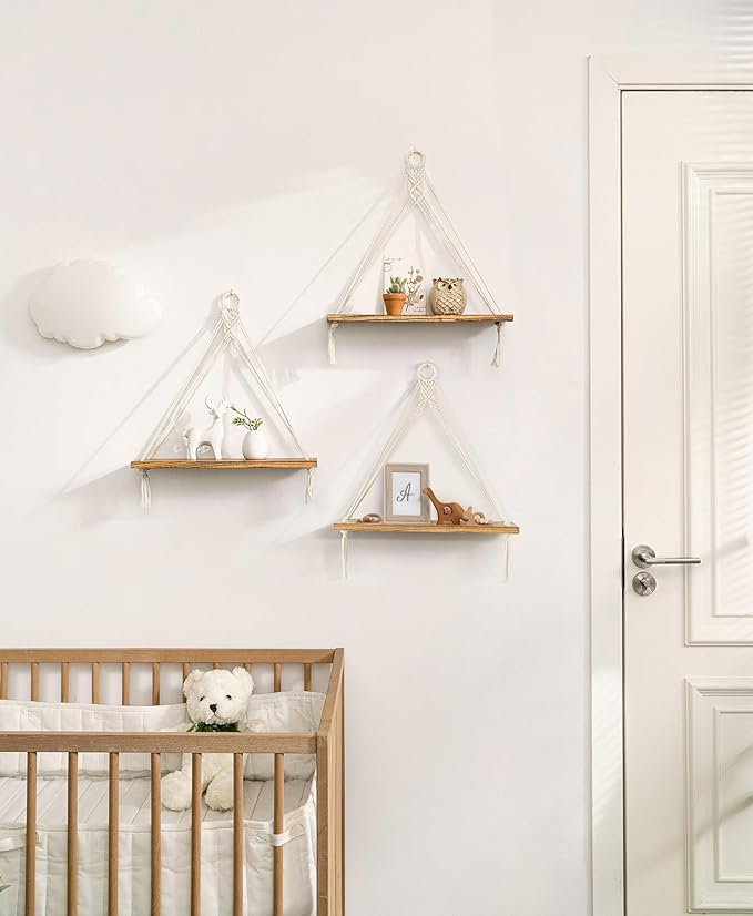 Mkono Macrame Hanging Shelves Boho Wall Decor Set of 3 Rustic Wood Floating Storage Shelf for Bedroom Bathroom Living Room Nursery Dorm Room, Display Shelving for Hanging Plants Photos-Ruum Studio Home