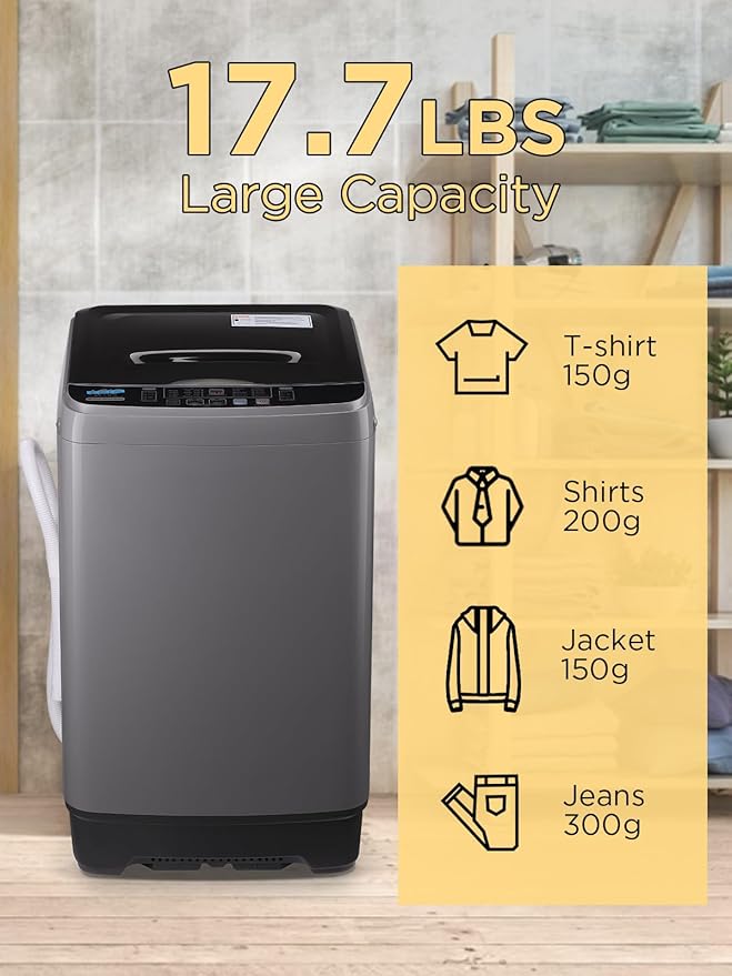 17.7 lbs Full-Automatic Washing Machine with LED Display, Portable Compact Laundry Washer with Drain Pump, 10 Wash Programs 8 Water Levels, Grey-Ruum Studio Home