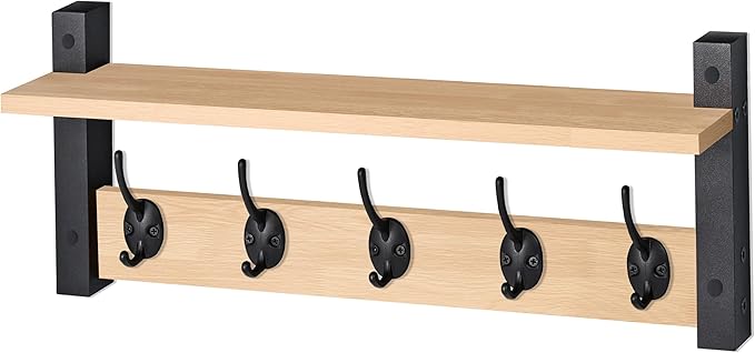 Sorbus Coat Hooks Wall Mount with Shelf – 24 Inch Coat Rack Wall Mount with 5 Heavy Duty Hooks – Floating Wall Shelf with Hooks for Entryway, Bathroom, Bedroom, Kitchen, or Mudroom (Maple Wood)-Ruum Studio Home