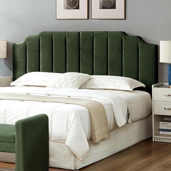 24KF Dark Green Teddy Fabric Tufted King Upholstered Headboard, Modern Vertical Channel Design California King Headboard with Stepped Silhouette Top Edge,6026-K-Teddy Dark Green-Ruum Studio Home