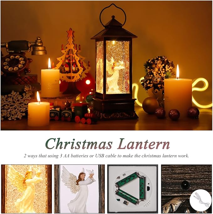 Christmas Decorations Snow Globe Lantern,Christmas Lantern with 8 Christmas Theme Music,Christmas Snow Globe Gifts Water Glittering Swirling Christmas Home Decoration（Dove Angel）-Ruum Studio Home