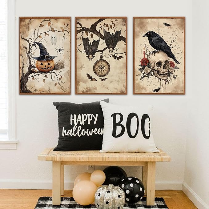 HLNIUC Vintage Halloween Decor Framed Gothic Skull Wall Art Set of 3(16”x24”) Floral Raven Crow Wall Decor,Horror Pumpkin Dark Academia Canvas Painting bats prints for Living Room Bedroom Goth Party-Ruum Studio Home