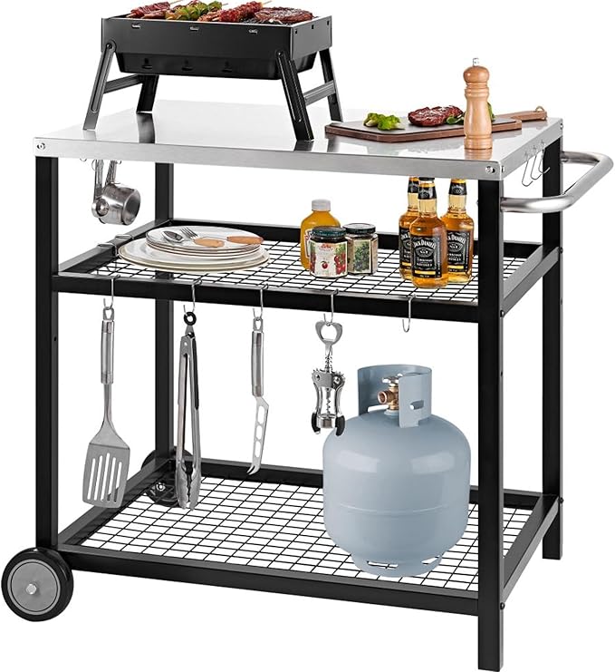 Stainless Steel Grill Cart Pizza Oven Stand Trolley Table with Wheels Pizza Cart Three-Shelf Movable Food Prep Work Dining Table with Double-Shelf Heavy Duty Outdoor 31.5" x 24 x 33.5-Ruum Studio Home