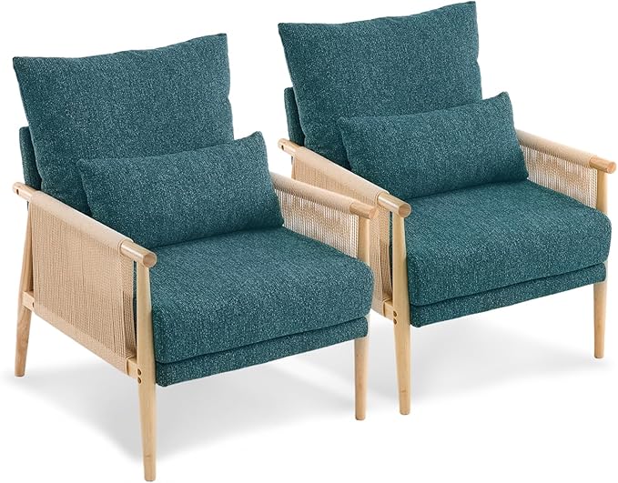 VINGLI Boho Braid Accent Armchairs Set of 2,Mid-Century Modern Chiars with Solid Wooden Armrest,Comfy Louge Cushion Chairs with Waist Pillow for Bedroom,Living Room,Reading Room, Teal-Ruum Studio Home