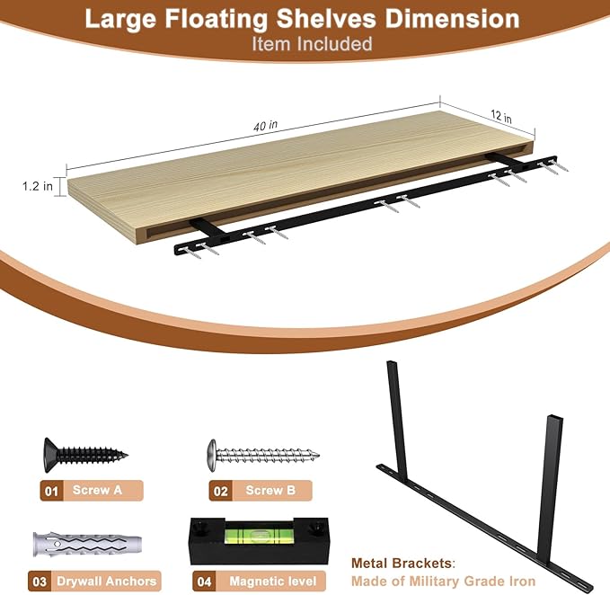 40 Inch Floating Shelf 1 Pack Large Floating Shelves for Wall No Drilling Accessories Included Deep Wall Shelves for Living Room Kitchen Farmhouse 40" W x 12" D x 1.2" Oak-Ruum Studio Home