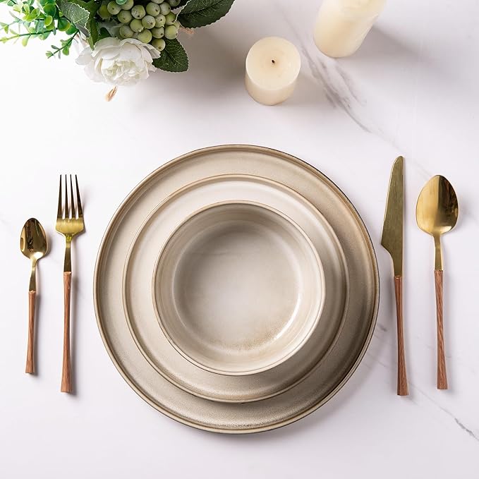 GBHOME Ceramic Dinnerware Sets for 8, 24 Pieces Stoneware Plates and Bowls Sets, Scratch Resistant Dishes, Dishwasher & Microwave Safe, Reactive Glaze-Cappuccino-Ruum Studio Home