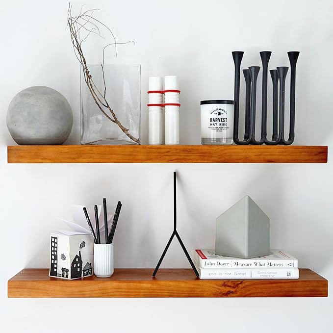 Homeforia Oak Floating Shelves 30 inch Long, High End Solid Real Wood 30inch Floating Shelf for Wall Mounted, Honey Oak Wooden 30in Floating Shelves, Heavy Duty Bracket, 30 X 6.5 X 1.75 in, Set of 2-Ruum Studio Home