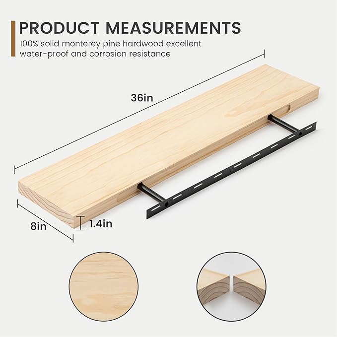 Fun Memories 36 Inch Floating Shelves for Wall, Deep Rustic Solid Pine Wood Wall Shelves for Storage - Farmhouse Wall Mounted with Heavy-Duty Metal Bracket, 36" W x 8" D, Set of 2,Unfinished-Ruum Studio Home