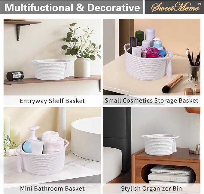 Empty Gift Basket Mini Woven Rope Organizer Baskets for Baby Shower, Vanity, Makeup, Bathroom, Tiny Toys, Desk - Small Decorative Storage Bins - Set of 2, Pre-Shaped, White-Ruum Studio Home