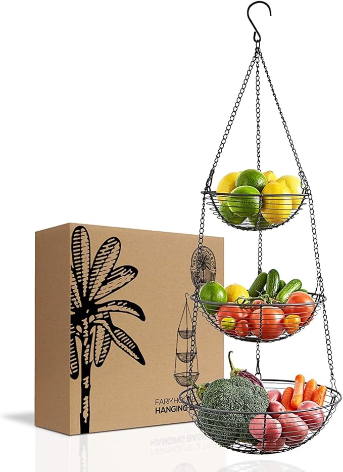 REGAL TRUNK & CO. 3 Tier Hanging Fruit Basket, Farmhouse Wire Basket, Three Tier Fruit Basket for Kitchen for Vegetables, Bread & More, Metal Chain, Hanging Hook and Detachable Round Wire Baskets-Ruum Studio Home