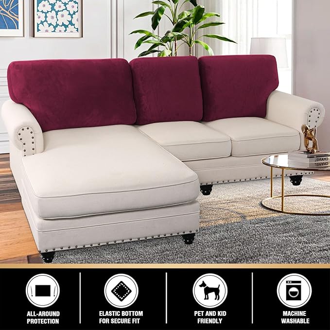 PrinceDeco Velvet Cushion Covers for Sectional Couch, 3 Back Cushion, Burgundy-Ruum Studio Home