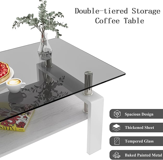 Glass Coffee Table Rectangle Living Room Center Table, with Gray Tempered Glass Tabletop and White MDF Layer,for Living Room and Office, Gray+White-Ruum Studio Home