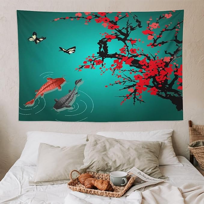 Houselerax Japanese Koi Fish Tapestry, Cherry Blossoms Asian Oriental Green Teal Floral Branch Koi Fish Carp Tapestries Wall Hanging for Bedroom Living Room Office Decor 90"x60"-Ruum Studio Home