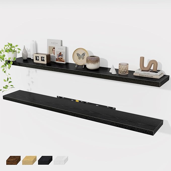 Fun Memories 72 Inch Floating Shelves for Wall 2 Pack Shelves for Bedroom|Kitchen|Bathroom 72 x 9.3 Inch Wood Floating Shelf with Invisible Brackets for Books|Storage|Decor, Black-Ruum Studio Home