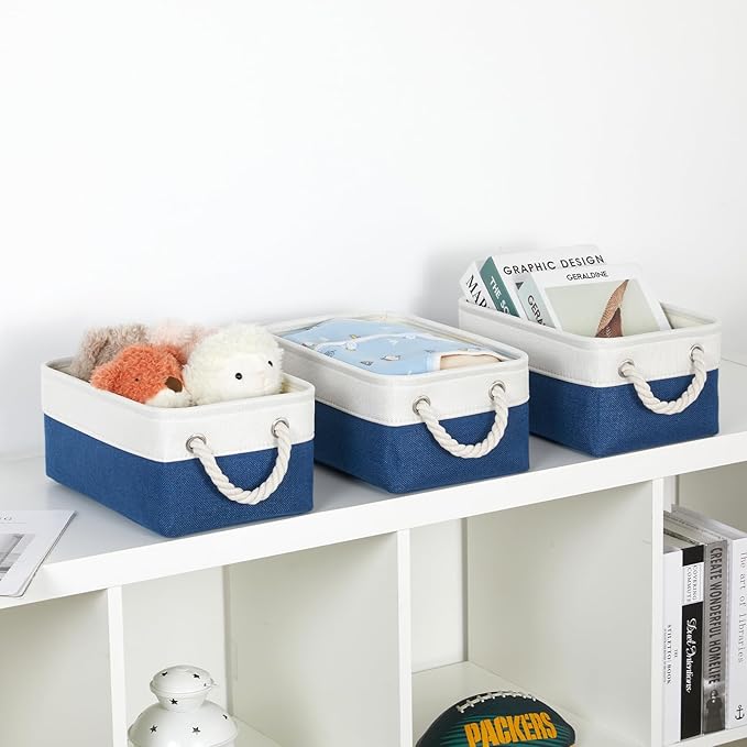 Bidtakay Small Storage Baskets for Shelves 3 Pack Fabric Storage Bins for Organizing Linen Collapsible Organizer for Closet-White&Blue-Ruum Studio Home