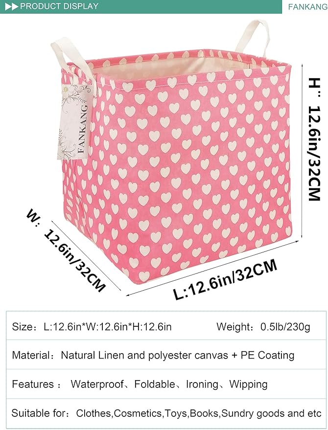 FANKANG Square Nursery Hamper Storage Bins Canvas Laundry Basket Foldable with Waterproof PE Coating Storage Baskets Gift Baskets for Children, Office, Bedroom, Clothes（Square-Pink Heart ）-Ruum Studio Home