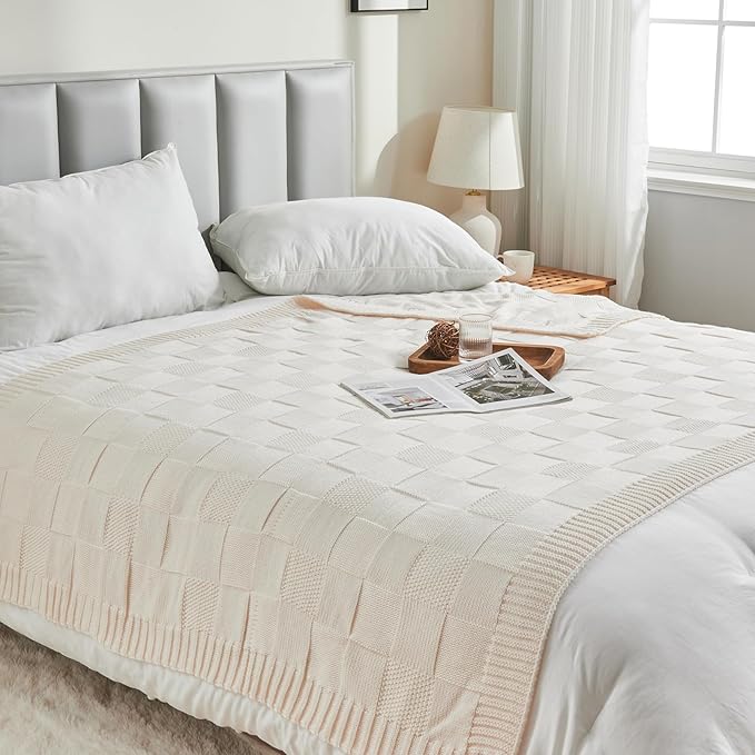 CozeCube Check Knit Throw Blanket, Cream White Checkered Throw for Couch, Decorative Christmas Soft Cozy Warm Knitted Blanket for Bed Sofa Living Room, 60"X80"-Ruum Studio Home