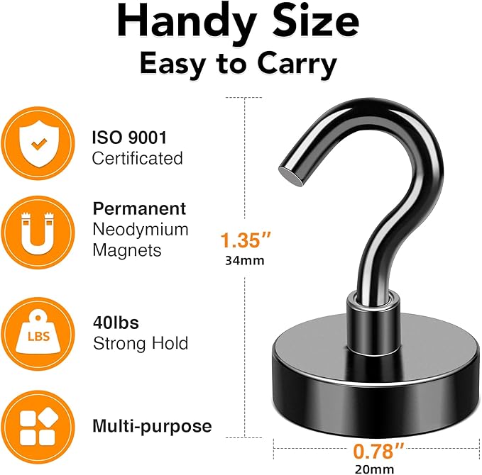MIKEDE Magnetic Hooks, 40Lbs Strong Neodymium Black Magnet Hook for Hanging, Heavy Duty Magnetic Hooks Classroom Must Have, Magnet with Hooks for Home, Kitchen, Workplace, School - Pack of 10-Ruum Studio Home
