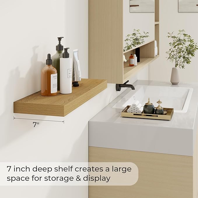 24 inch Floating Shelves Long Floating Shelves for Wall Large Wall Mounted Shelves with Invisible Brackets, Oak Shelves for Bathroom, Living Room, Kitchen, Office, 24x6.7 inch deep Set of 2-Ruum Studio Home