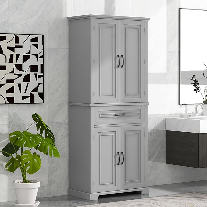 72.2" Tall Storage Cabinet with 4 Doors and Drawer, Freestanding Linen Cabinet, Wooden Pantry with Adjustable Shelf for Kitchen, Bathroom, Living Room, Grey-Ruum Studio Home