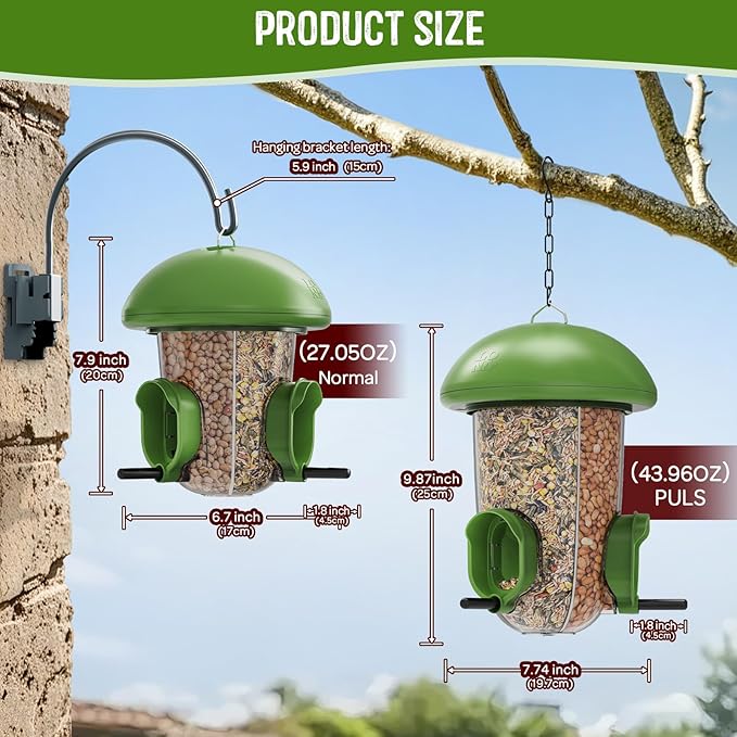 LONA Bird Feeders for Outdoors Hanging – 3 Separate Compartments, 3 Feeding Ports, Weatherproof Dome & 3 Ways to Hang, Large Capacity for Cardinals/Finches (Green，Plus-Ruum Studio Home