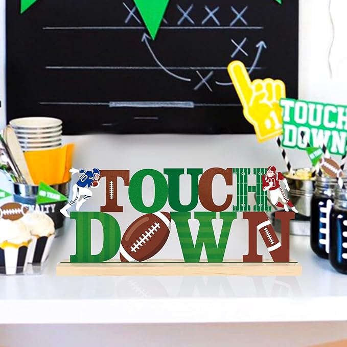 COCHIE Metal Football Touchdown Sign, Green Super Football Bowl Game Tailgate Party Decorations for Home, Office, Shelf, Mantel, Indoor, Touch Down Table Toppers Decor (Superbowl)-Ruum Studio Home