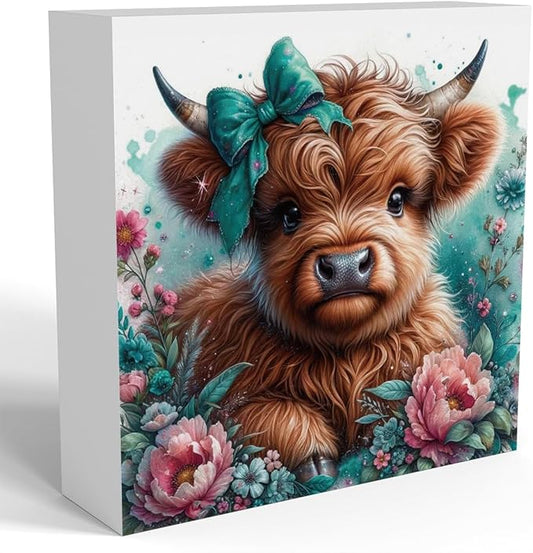 Highland Cow Decor, Highland Cow Gifts for women, Highland Cow Baby Decor, Cow With Pink Bow, Highland Cow Nursery Decor, Wooden Box Decor Sign for Home Farmhouse Office Living Room Table Shelf-Ruum Studio Home