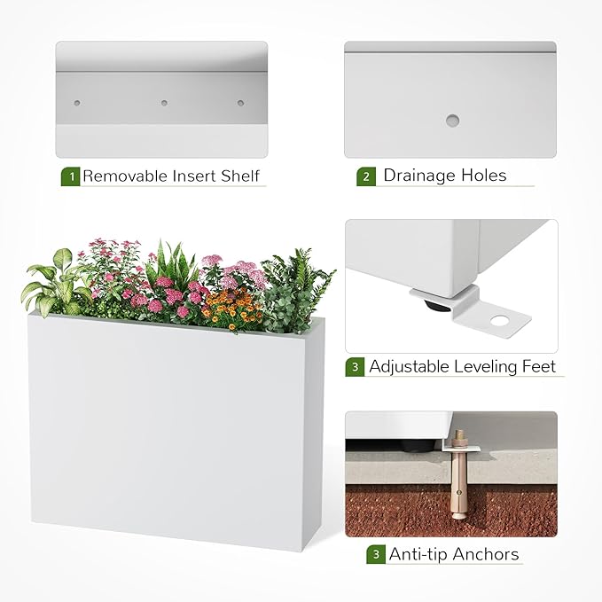 Stoog 38" Large Planters for Outdoor Plants, All-Weather Rectangular Metal Planter Box with Removable Insert Shelf, and Modern Design – Ideal for Plants, Flowers, Vegetables, Garden, White-Ruum Studio Home