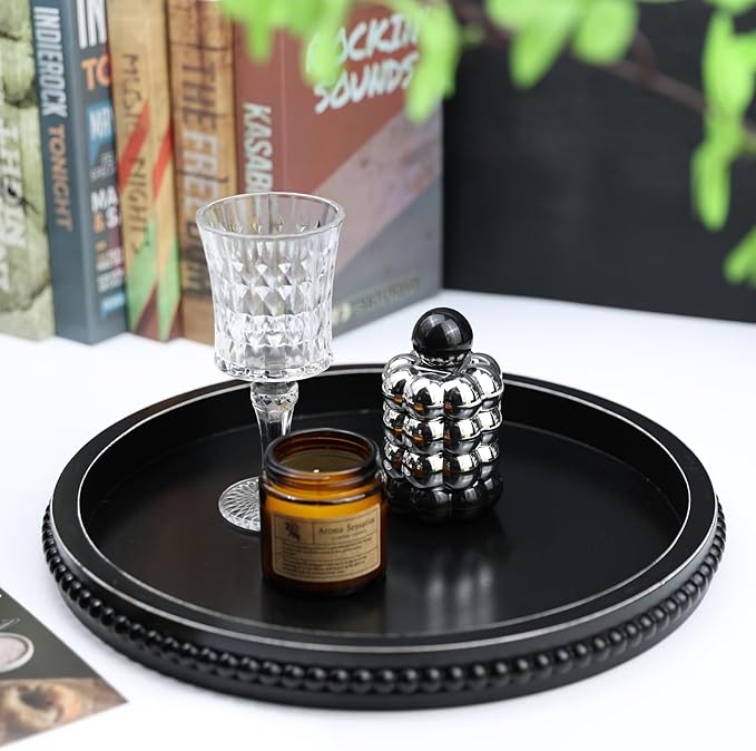 Round Black Wood Serving Tray with Beads, Wooden Decorative Tray for Entertaining, Decoration, and Gifting,-Ruum Studio Home