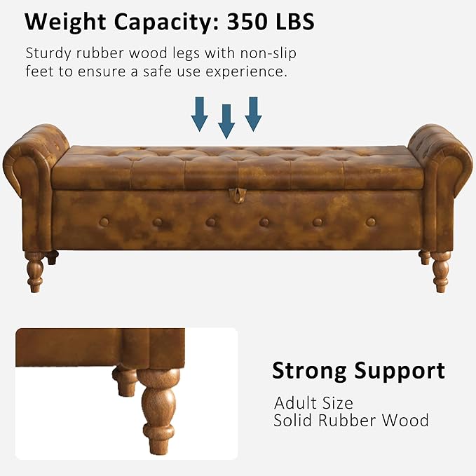 Storage Ottoman Bench for Bedroom, 52" Leather End of Bed with Rolled Arms, Upholstered Ottoman Fit for Living Room, Entryway, Faux Leather Brown-Ruum Studio Home
