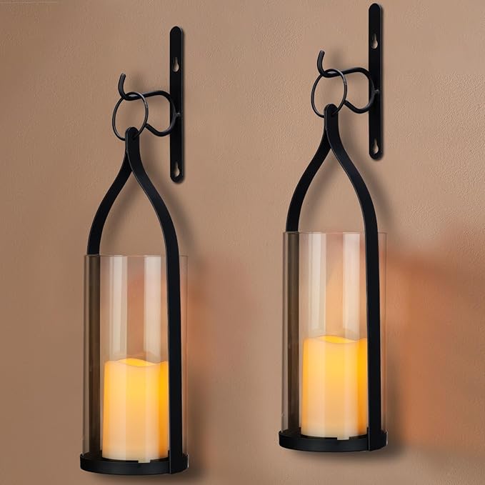 Metal Wall Sconce Candle Lantern Set of 2 - Black Wall Mounted Hanging Holder with Glass & Candles Vintage Wall Decor for Porch, Living Room, Dining Room, Bedroom Indoor Decor-Ruum Studio Home