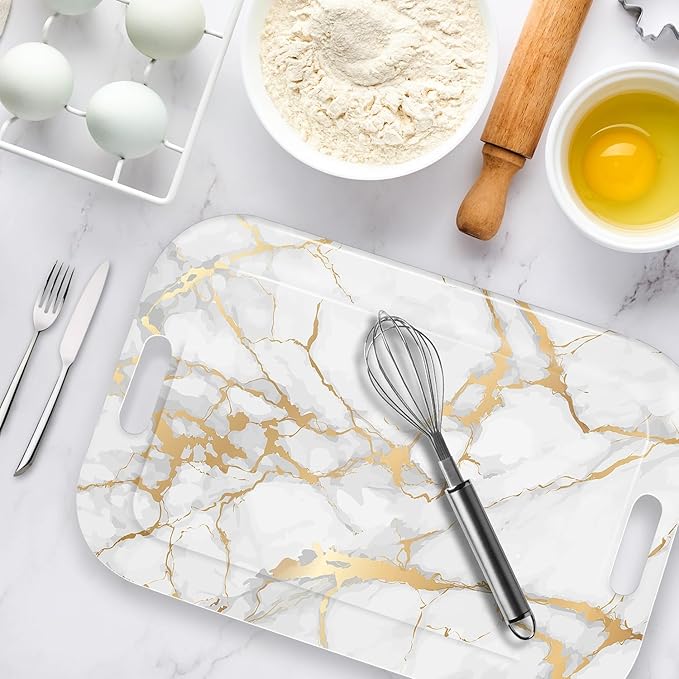 Serving Trays with Handles, 14.5 x 9.8 inch Rectangular Plastic Tray for Restaurant, Kitchen, Golden White Marble-Ruum Studio Home