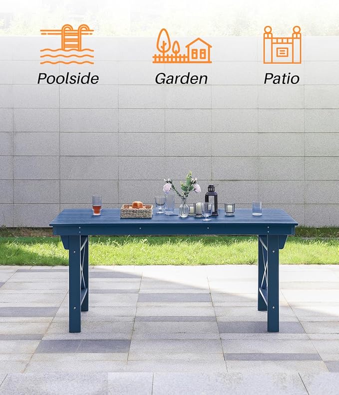 HDPE Outdoor Dining Table, 66.9” Rectangle Patio Dining Table for 6, All-Weather HDPE Outdoor Table with 2.2” Umbrella Hole, HDPE Patio Furniture for Deck, Backyard, Garden, Pool, Navy-Ruum Studio Home