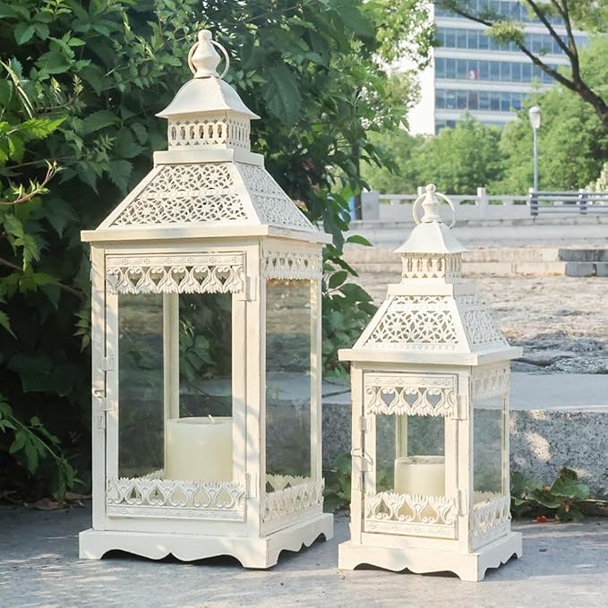 NEEDOMO Lanterns Decorative Outdoor & Indoor, Set of 2 Outdoor Lanterns for Porch,Large Square Candle Lantern, Beige Metal Frame with Glass for Fall, Christmas-Ruum Studio Home
