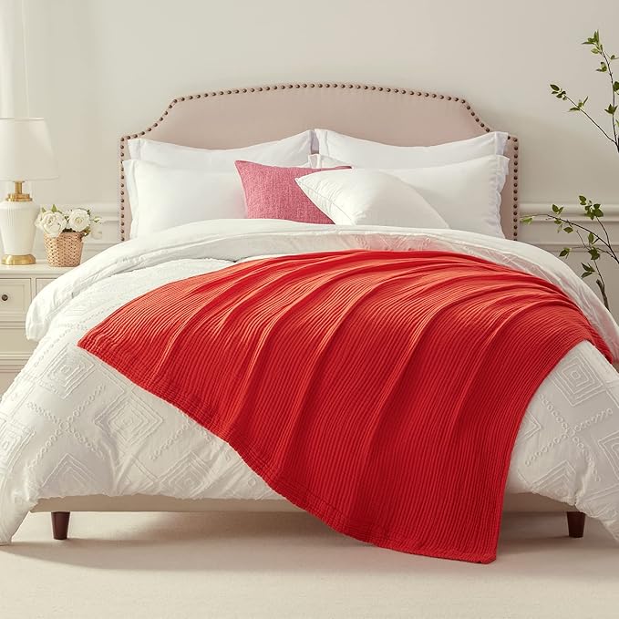EMME Cotton Blanket Queen Size for Bed Soft Large Muslin Bed Blankets 90"x90" Lightweight Breathable All Season Gauze Blanket, Orange Rust-Ruum Studio Home