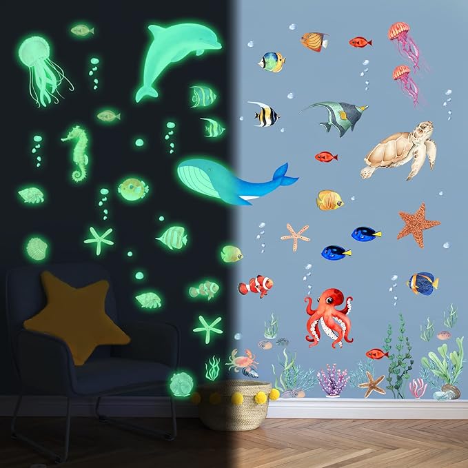 Sea Turtle Ocean Fish Wall Decals Glow in The Dark, Under The Sea Life Animals Stickers for Ceiling, Girls Boys Waterproof Decoration for Living Room Wall Bathroom Toilet-Ruum Studio Home
