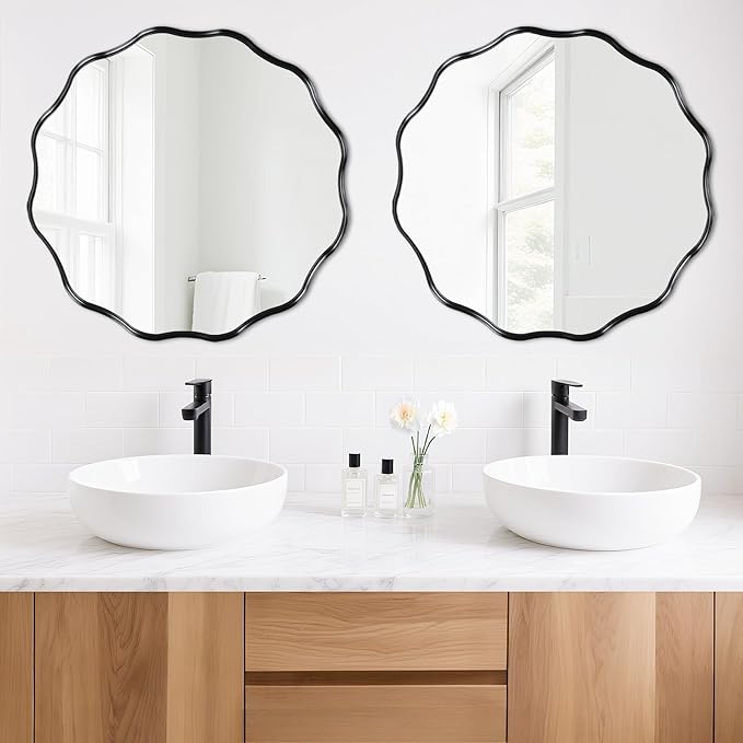 Fabuady Black Round Wavy Edge Mirror - 30'' Circle Wall Mirror with Metal Frame, Decorative Hanging/Leaning Mirror for Bathroom, Bedroom, Living Room, Hallway, Entryway, Office, Home Decor-Ruum Studio Home