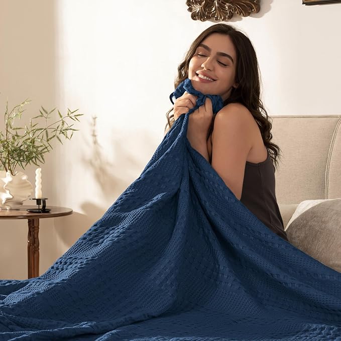 PHF Cooling Waffle Blanket Twin Size, Lightweight 60% Rayon Derived from Bamboo & 40% Cotton Breathable Blanket for Hot Sleepers, Soft and Luxury for Bed Couch and Sofa, 66"x90", Navy Blue-Ruum Studio Home