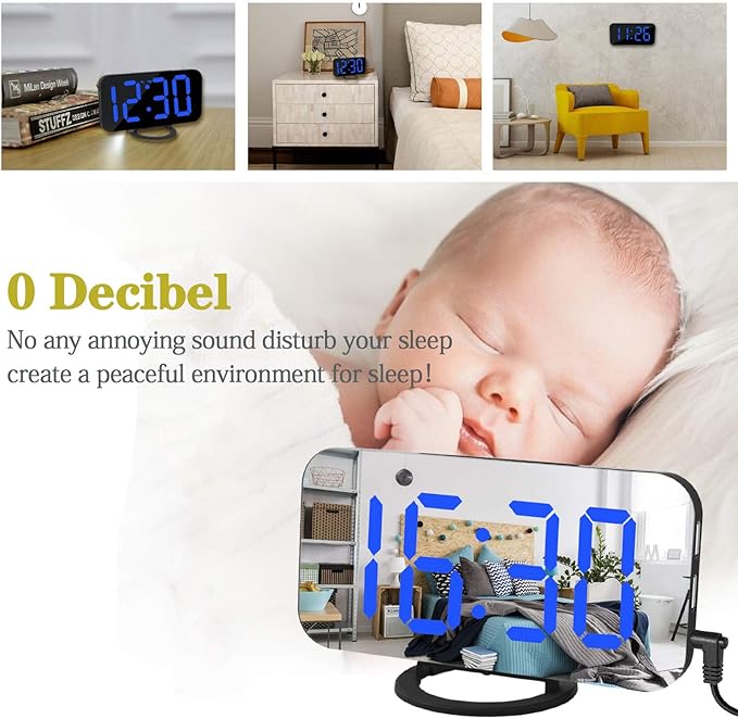 Digital Alarm Clock,Mirror Surface LED Electronic Clocks,with USB Charger,Snooze Model, Auto/Custom Brightness,for Office Table Bedroom Nightstand(Black-Blue)-Ruum Studio Home