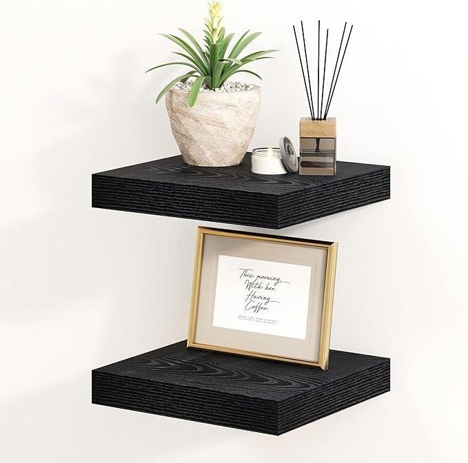Fun Memories Black Floating Shelves 8 Inch Long, 8" Deep Wall Shelves, Small Deep Floating Shelf Square Wall Shelf, Rustic Display Shelves for Living Room, Bathroom, Kitchen, Set of 2-Ruum Studio Home
