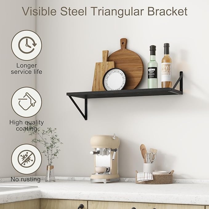 Fun Memories 27.5" W x10 D Floating Shelves, Black Wall Shelf with Brackets, 10 Inch Deep Floating Shelf Set of 2, Large Storage Kitchen Living Room Bathroom Shelves, Wood Wall Mounted Shelf-Ruum Studio Home