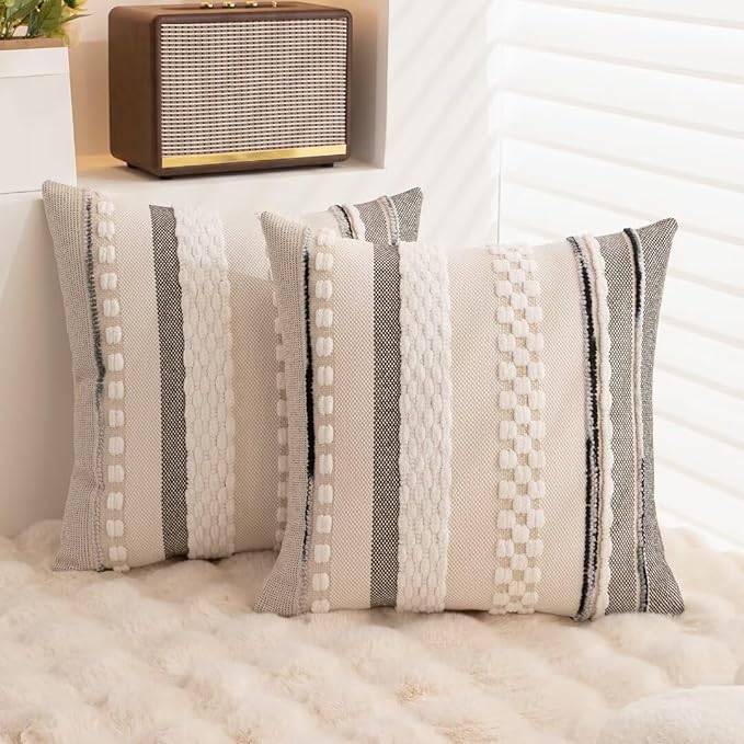 Boho Throw Pillow Covers 18x18 Set of 2 Farmhouse Decorative Cushion Case Striped Square Pillows Cover Chenille Pillow Cases Accent Neutral Pillowcase for Sofa Couch Bed,White-Ruum Studio Home